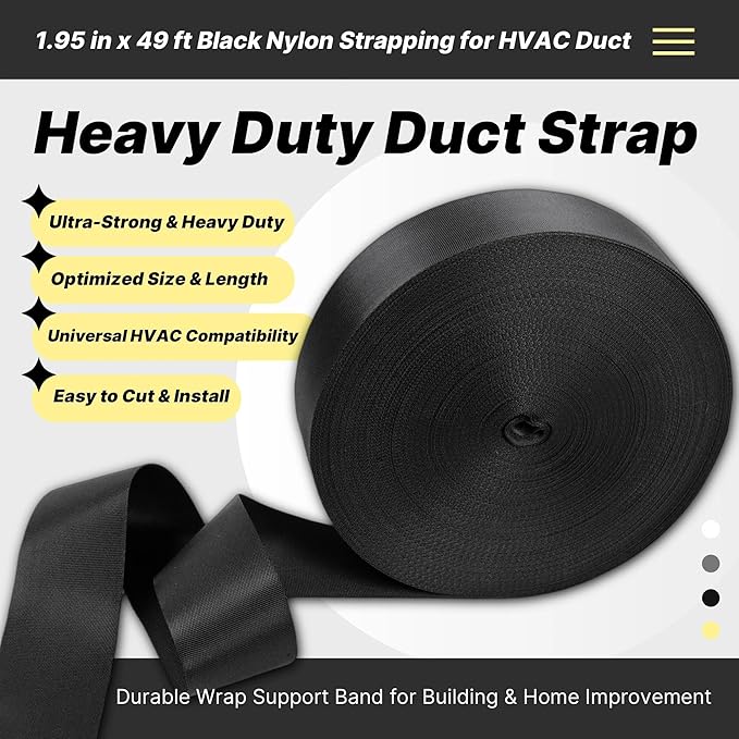 Heavy Duty Duct Strap – 1.95 in x 49 ft Black Nylon Strapping for HVAC Duct, Durable Wrap Support Band for Building & Home Improvement