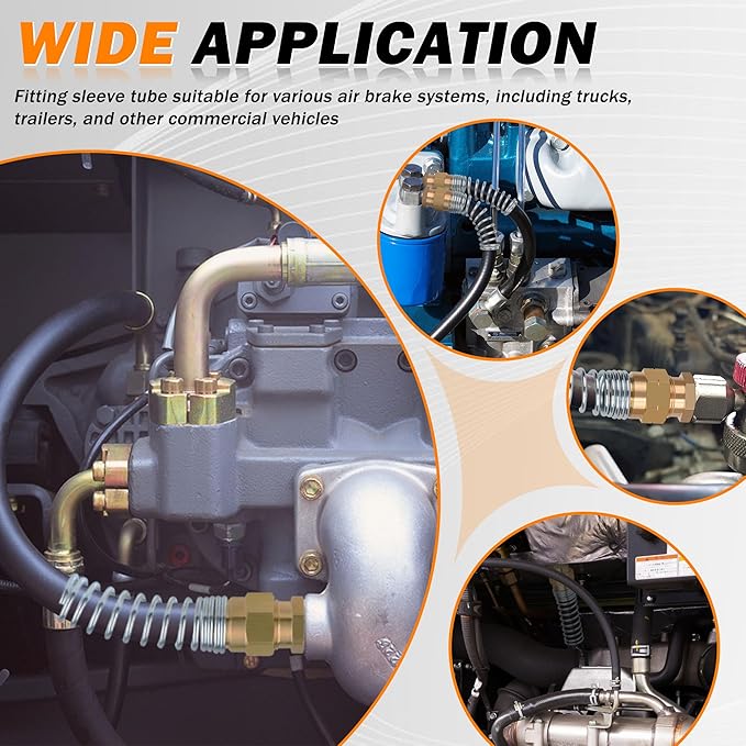 4Pcs Brass 3/8” Air Hose Fittings DOT Air Fittings with Spring Guards, 3/8” Male Connector for Rubber Tube, Air Brake Hose End Fittings, with 8Pcs Fitting Sleeve Tubes