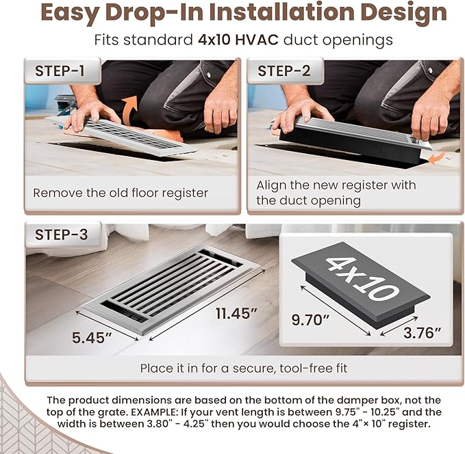 Floor Register 4x10 Vent Cover – 2 Pack – Heavy-Duty Steel, Rustproof & Walkable Grates, Drop-in Install, Adjustable Air Supply Switch - Decorative Straight Line Design, Brushed Nickel