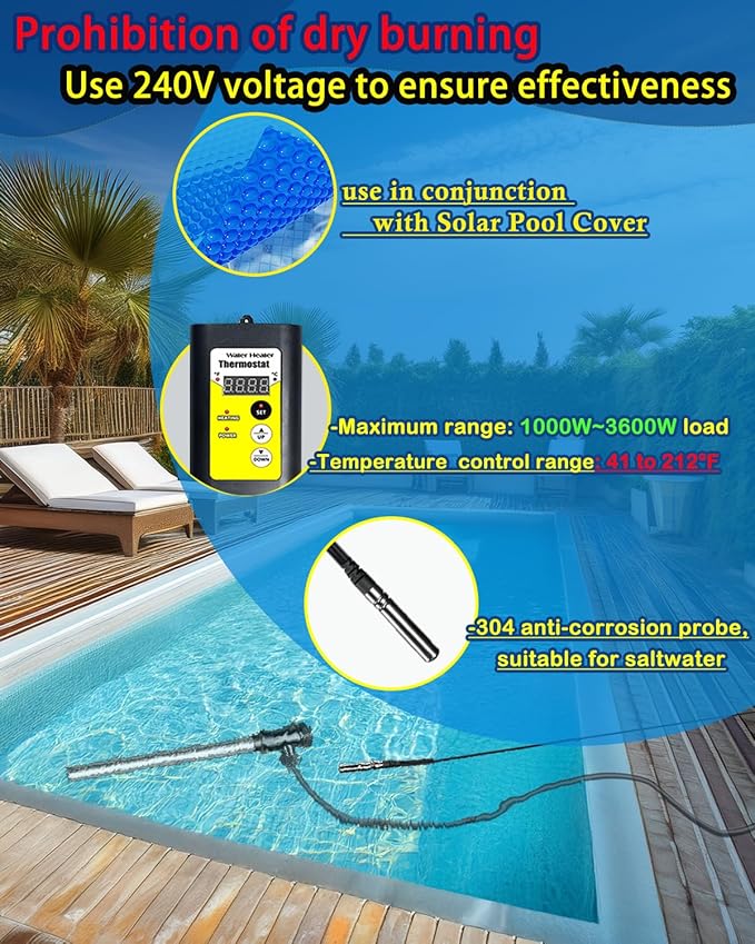 1500W Baptistry Heater for Baptisma Pool&Bathtub, Water Heaters for Hot Tub with Thermostat, 120V Extra Submersible Baptism Stock Tank/Inflatable Pool/Small Above Ground Pools Heaters