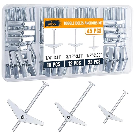 ALBO 45-Piece Heavy Duty Hollow Wall Anchors Kit for Drywall Ceilings with Screw Spring/Includes Toggle Bolts and Wing Nut Assortment in 3 Sizes (1/8in, 3/16in, 1/4in)