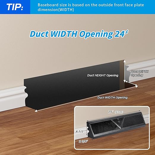 8 Pcs Baseboard Register Vent 24 Inch Duct Opening Size Baseboard Vent Covers Diffuser Adjustable Corner Return Air Grille for Home Floor Wall Air Flow Control (8, Black, 24 Inch)