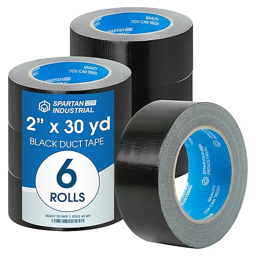 SPARTAN INDUSTRIAL - 2" X 30 yd Black Duct Tape - 6 Strong Tape Rolls for Repairs, Crafts, Labeling, and More - Water-Resistant, No Residue, 9 Mil