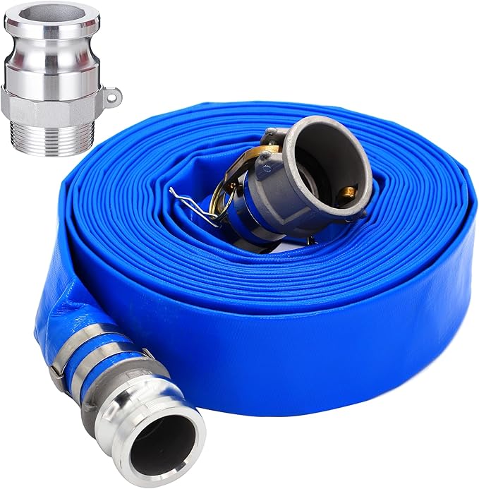 2" ID x 50 ft PVC Lay Flat Discharge Hose with Aluminum Camlock C and E Fittings, Cam Lock Fitting Type F included, Heavy Duty Reinforced Blue Backwash Pump Hoses for Swimming Drain Pools