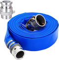 2" ID x 50 ft PVC Lay Flat Discharge Hose with Aluminum Camlock C and E Fittings, Cam Lock Fitting Type F included, Heavy Duty Reinforced Blue Backwash Pump Hoses for Swimming Drain Pools