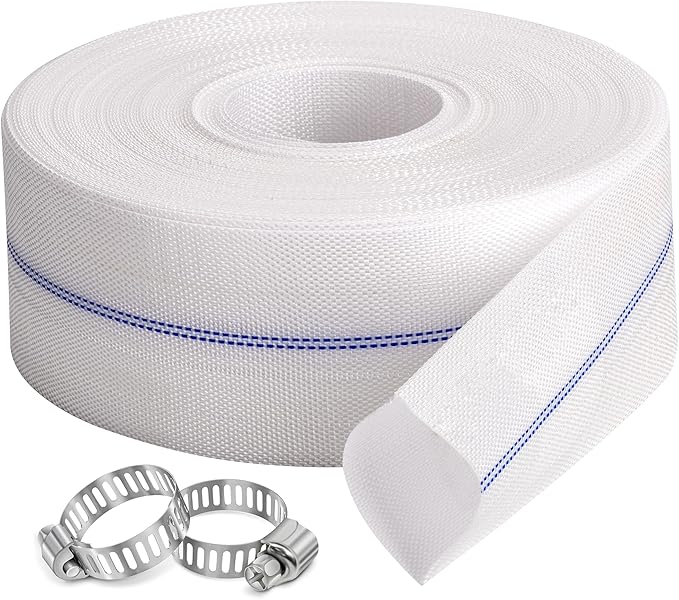 Pool Backwash Hose 2-1/2” × 100 ft Fiber Reinforced Discharge Hose General Purpose Flexible Lightweight Lay Flat Pump Drain Pipe for Water Transfer (Reinforced Thin Hose, 2.5in-100ft)