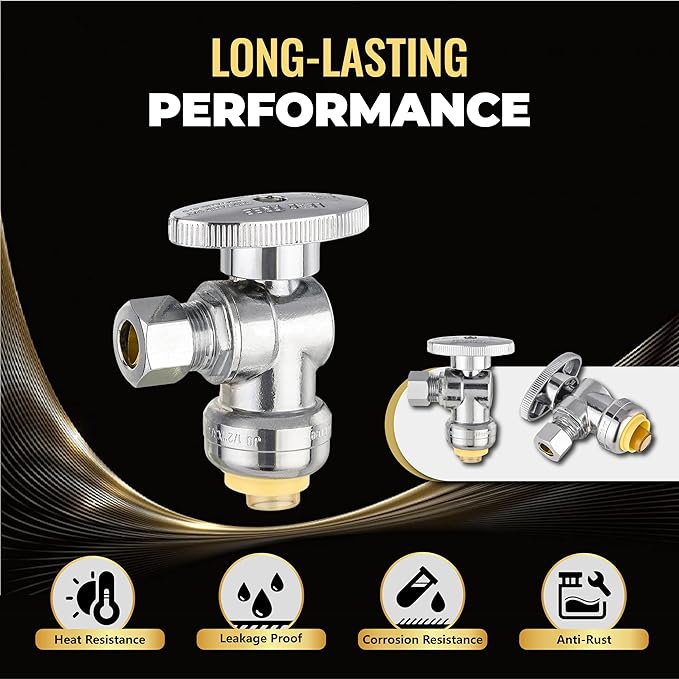 50-Pack Foskan Push Fit Angle Stop Valve,1/4 Turn Shut off Valve 1/2" Push Fit x 3/8" OD,Chrome Plated Brass