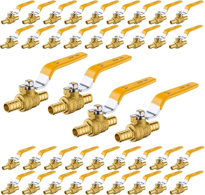 40-Pack Foskan 3/4 Inch PEX Crimp Full Port Ball Valve with Yellow Handle, Brass Quarter Turn Shut-off Valve for PEX Tubing