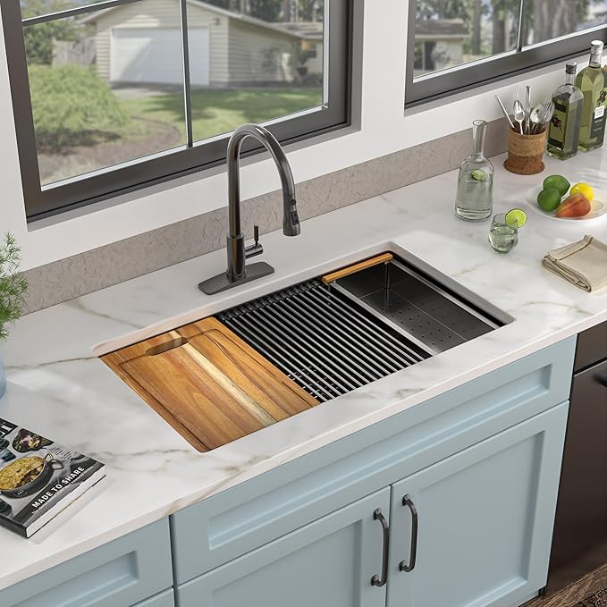 36 Undermount Kitchen Sink Black - Fulorni 36"x19" Kitchen Sink Ledge Workstation Gunmetal Black NANO-PVD 16 Gauge 304 Stainless Steel Under Counter Large Single Bowl Basin