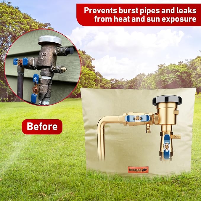 Redford Supply Co. Cold Snap (5°F) Backflow Preventer Insulation Cover, 30"W x 24"H, Pipe Insulation, Water Sprinkler Covers for Outside, Sprinkler Backflow Cover for Winter, Well Pump Bag (Beige)