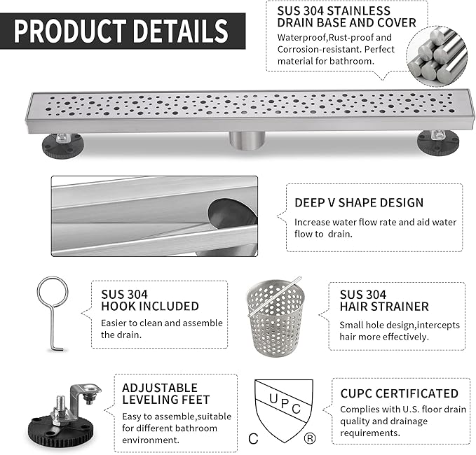 Linear Shower Drain 24 Inch, Bubbles Shower Drain SUS-304 Stainless Steel, 51L/Min Fast Drainage Floor Linear Drain, US Standard CUPC Certified, Brushed Silver, SD-099