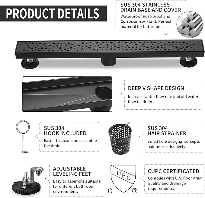 Linear Shower Drain 36 Inch, Bubbles Shower Drain SUS-304 Stainless Steel, 51L/Min Fast Drainage Floor Linear Drain, US Standard CUPC Certified, Matte Black, SD-099