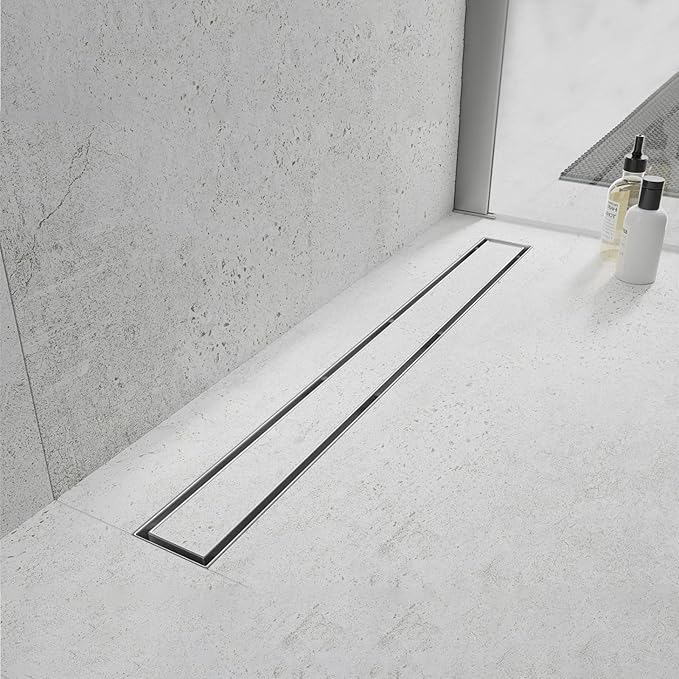 Linear Shower Drain, 24 inch Drain with Tile Insert 2-in-1 Panel, Brushed 304 Stainless Steel Shower Floor Drain, Linear Drain with Hair Strainer and Adjustable Feet