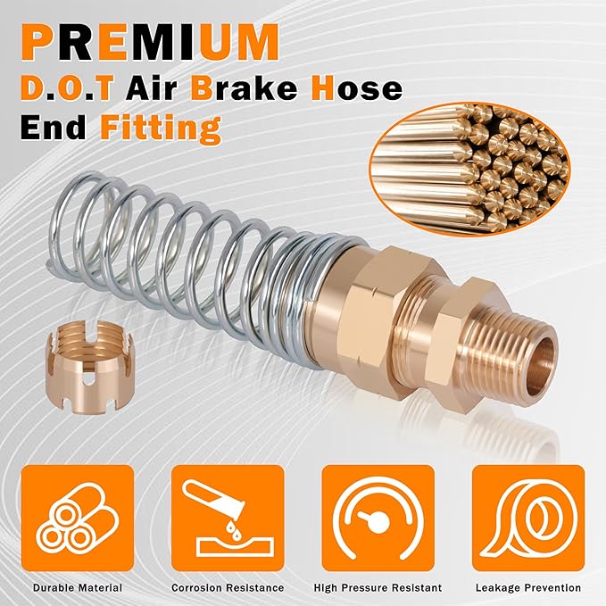 4 Pack 1/2 Hose x 3/8” Male Connector Air Brake Hose Fitting with 8 Pack Fitting Sleeve Tube, Brass DOT End Fitting for Air Brake Systems