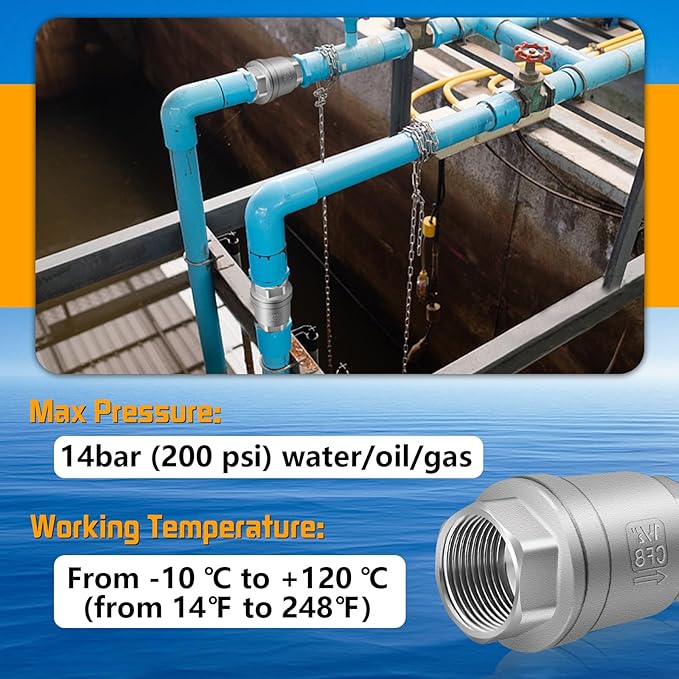 Boltigen 1-1/2 inch Spring Check Valve, 304 Stainless Steel CF8 Non Return One Way Horizontal Check Valve, Vertical Inline Water Check Valve for Well, Pump, Tank, Backflow Prevention, WOG 1000