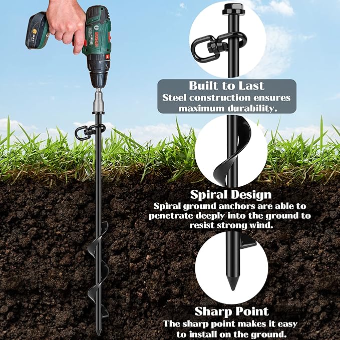 12 Pack Ground Anchor Heavy Duty Earth Anchors with T Handle Hex Wrench & Power Nut Driver, Metal Stakes Ground Anchors Screw in for Swing, Trampoline, Tents, Securing Animals