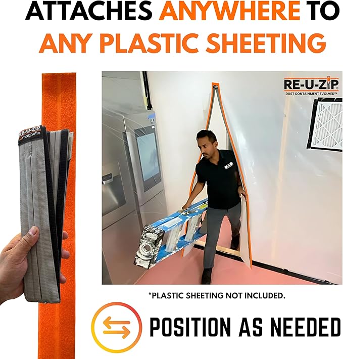 RE-U-ZIP® Self-Closing Magnetic Entry Strip | Hands-Free Dust Barrier Zipper Alternative for Plastic Sheeting | Reusable, Custom Placement & Works Under Negative Air | 3-Pack