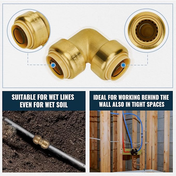 SUNGATOR Push Pex Fittings 3/4 Inch, 5 Each Coupling and Elbow, Tee (2 PCS), No Lead Brass Push-to-Connect Plumbing Fittings for Pex Pipe, Copper, CPVC, with 1 Disconnect Clip, Pack of 12