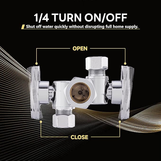 5-Pack Foskan Dual Compression 1/4 Turn Angle Stop Valve with 2 Shut Off Valve/Handles,1/2" NOM (5/8" OD) x 3/8" OD x 3/8" OD,Chrome Plated Brass