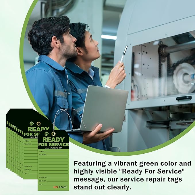 200 Pcs Ready for Service Tags 3 x 5.75 Inch with Serial Number Service Repair Green Tag with 10 Inch Wire Status Notice Tags Equipment Tag Designed for Factories (200)