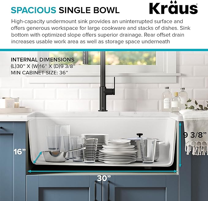 KRAUS Bellucci Workstation 32 in. Undermount Granite Composite Single Bowl Kitchen Sink in White with Accessories with WasteGuard™ Continuous Feed Garbage Disposal, KGUW1-33WH-100-75MB