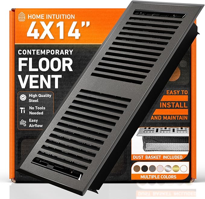 4X14 Floor Vent Covers Floor Register with Mesh Cover Trap, Heat and Air, Walkable Metal Floor Register for HVAC Duct, Contemporary, Dark Grey