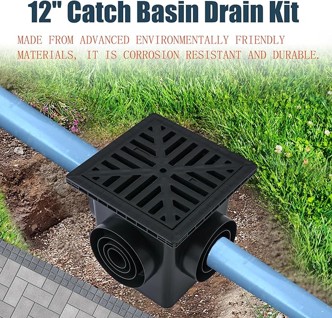 Upgrade 12-Inch Catch Basin Drainage Kit with Debris Basket Strainer, Fit for 4 Size(2",3",4-3/8",6-3/8") Pipes, for Garden, Yard, Lawns, Outdoor (1 Pack)