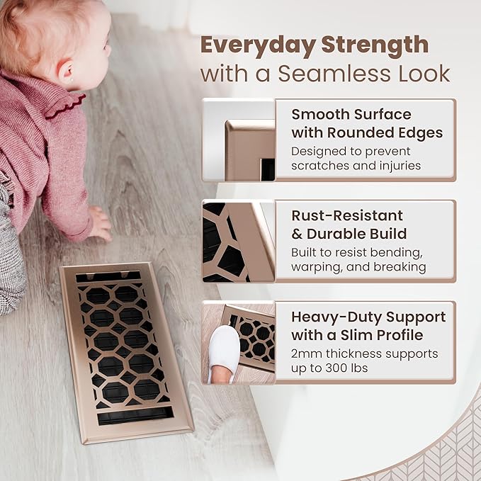 Floor Register 4x10 Vent Cover – Heavy-Duty Steel, Rustproof & Walkable Grates, Easy Drop-in Install, Adjustable Air Supply Switch - Decorative Honeycomb Design, Satin Bronze