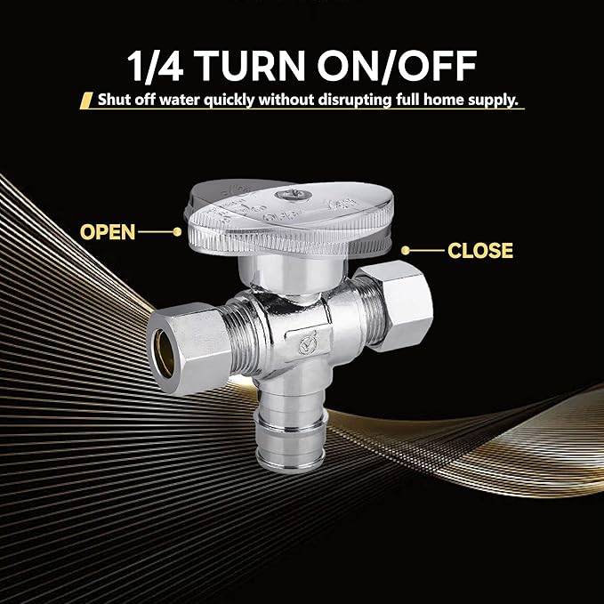 100-Pack Foskan Dual Outlet Angle Stop Valve,1/4 Turn Shut off Valve,1/2" PEX-A x 3/8" OD x 3/8" OD,Chrome Plated Brass