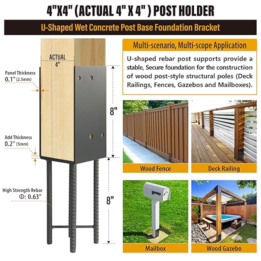 4"x4" Stainless Steels U-Shape Post Holder, Wet Concrete Post Anchor, Heavy-Duty Post Base Bracket for Fence, Deck Railing, Wood Gazebo, Pergola (1pack-Dark Gray)