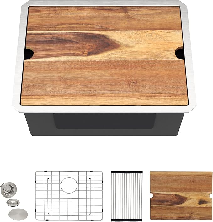23"x19" Undermount Laundry Utility Sink Workstation – 16 Gauge 304 Stainless Steel, 13 Inch Deep Single Bowl Under Counter Sink Basin for Laundry Room, RV or Utility Use