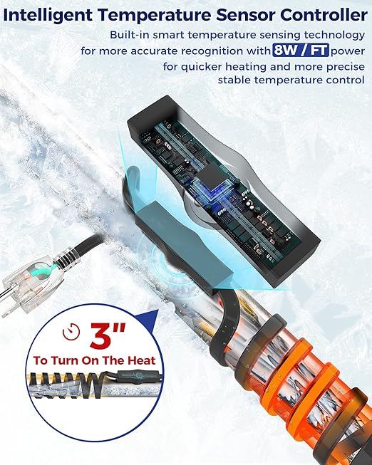 6FT Heat Tape for Water Pipes Electric Heat Tape for Water Pipe Freeze Protection, Heat Cable for Water Pipes Self-Regulating Heating Cable for Metal and Plastic Pipes, 8W/FT, 120V