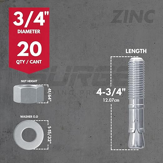 3/4" x 4-3/4" Zinc-Plated Wedge Anchors for Concrete and Cement | Heavy-Duty 3/4 Concrete Anchors (Box of 20)