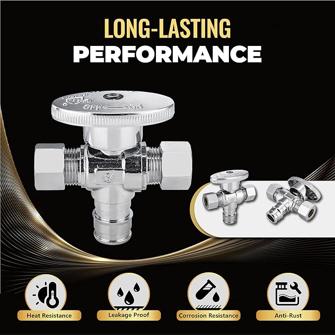 30-Pack Foskan Dual Outlet Angle Stop Valve,1/4 Turn Shut off Valve,1/2" PEX-A x 3/8" OD x 3/8" OD,Chrome Plated Brass