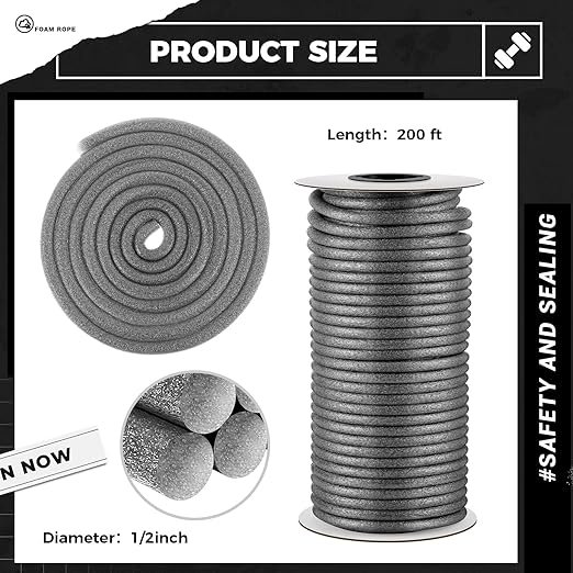 1/2 Inch x 200 ft Foam Backer Rod for Gaps Joints Concrete Crack Filler Caulk Saver Bulk Foam Backing Rod Concrete Filler Rope for Weather Stripping Door Seal (Gray)