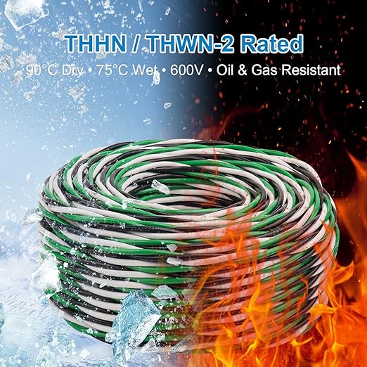 12 AWG THHN Wire 100FT 3-Color Set (Black/White/Green) – Stranded Copper, Pre-Twisted Conductors, THHN/THWN-2 Rated, 600V, Nylon Jacket for Conduit, Residential & Commercial Wiring