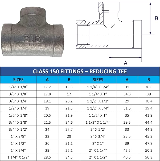 AF Hydro Stainless Steel SS316 Reducing Tee Pipe Fitting, 1 1/4''NPT x 1 1/4''NPT x 1/2''NPT Female Thread, Pressure Rating up to 150 PSI, Class 150 Reducer Connector Adapter