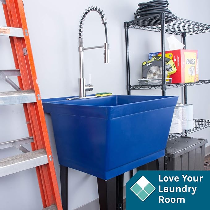 Utility Sink Extra-Deep Laundry Tub in Blue with High-Arc Stainless Steel Coil Pull-Down Sprayer Faucet, Integrated Supply Lines, P-Trap Kit, Heavy Duty Floor Mounted Freestanding Wash Station