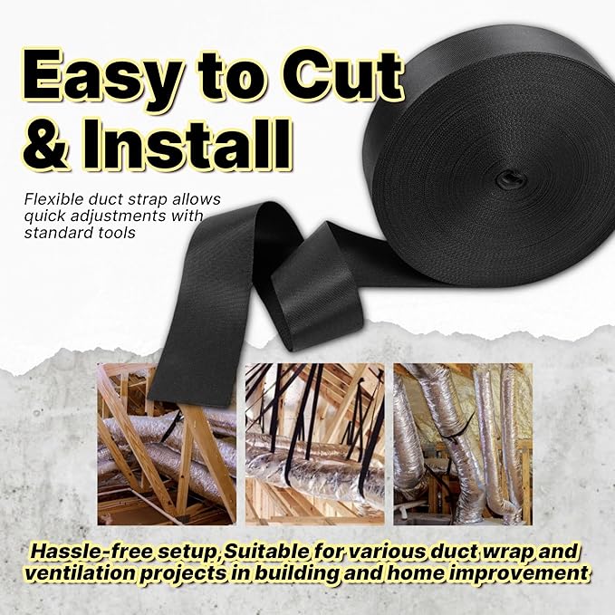 Heavy Duty Duct Strap – 1.95 in x 49 ft Black Nylon Strapping for HVAC Duct, Durable Wrap Support Band for Building & Home Improvement