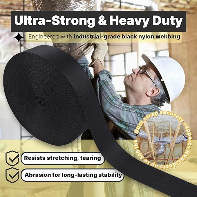 Heavy Duty Duct Strap – 1.95 in x 147 ft Black Nylon Strapping for HVAC Duct, Durable Wrap Support Band for Building & Home Improvement