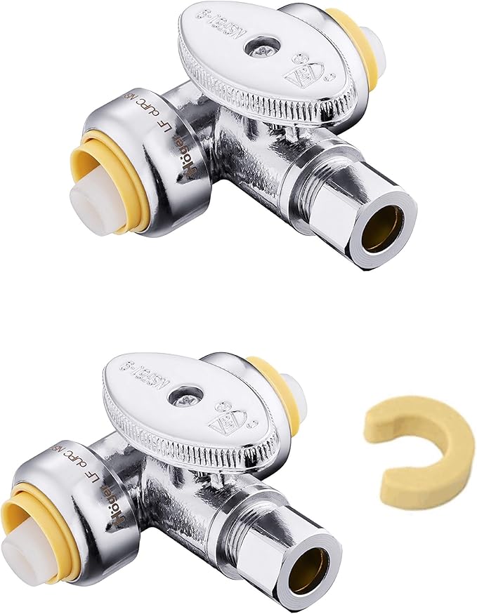 (Pack of 2) EFIELD Push Fit Tee Stop Valve 1/2" Push x 1/2" Push x 3/8" OD, 1/4 Turn Water Shut Off Valve Chrome with a Disconnect Clip,(PF-VALVE043)