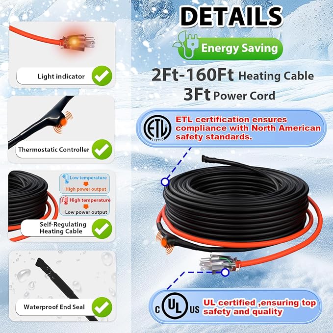 HEATIT 18ft Automatic Heat Trace Cable for Metal And Plastic Pipes, Self-Regulating Pipe Heating Cable with Thermostat for Pipe Freeze Protection,Keeps Water Flowing at -40°F,ETL Listed,120V3W/FT