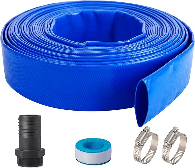 2" (Flat 3.4’’ width) x 100 FT Pool Backwash Hose Kit with Male NPT Adapter, Blue Reinforced Pool Drain Discharge Hose for Swimming Pool Filter Pump,with 2 Clamp and Thread Seal Tape