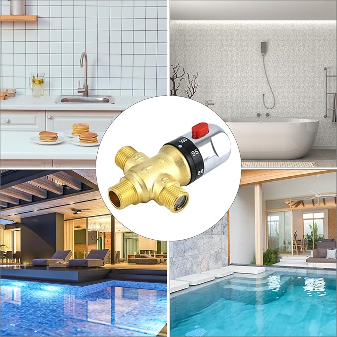 QWORK Thermostatic Mixing Valve, 2 Pack Solid Brass Pipe Water Valve with Temperature Control - 1/2 NPT Male Connections - Includes 3 Adapters, Suitable for Wash Basins, Showers, Kitchens