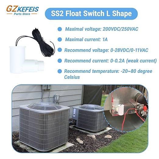 SS2 Float Switch L Shape, Compatible with Safe-T-Switch for HVAC Drain Pan Condensate Outlet, AC Water Level Switch with 3/4 Inch Adapter and 6Ft Wire (2, White)