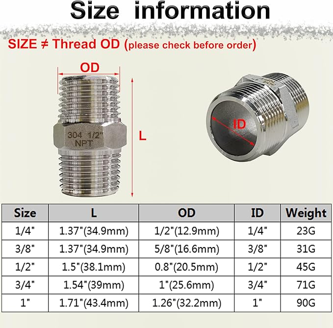 3/8" NPT Male Hex Nipple Pipe Fittings, 304 Stainless Steel 3/8 inch Threaded Pipe Adapter Fittings Equal Nipples Connectors, 4pcs Male Straight Connector Pipe Fitting