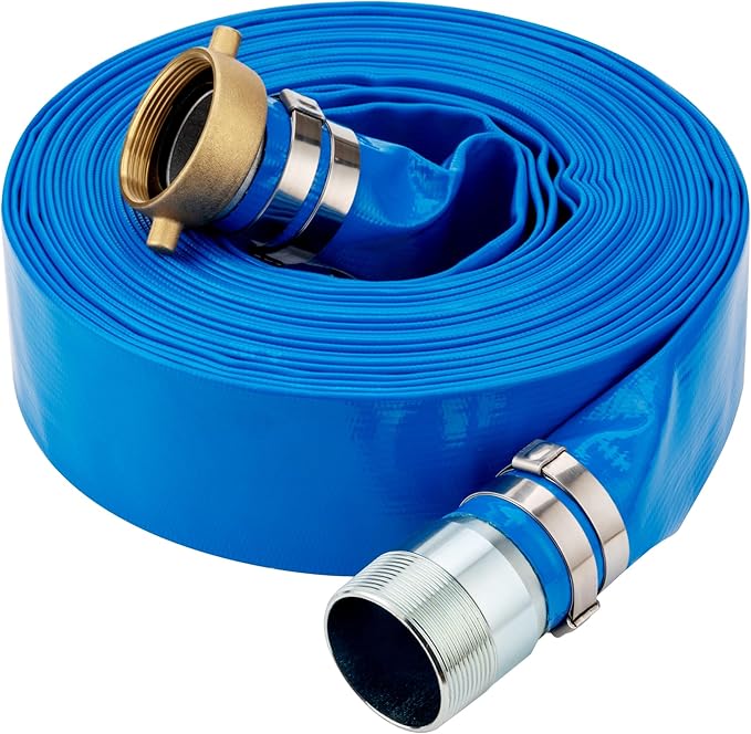 DAVCO 1.25" ID x 100 ft Pool Backwash Hose, Heavy Duty Reinforced Blue PVC Lay Flat Water Discharge Pump Hoses For Swimming Drain Pools and Clean Filters, with Brass NPT Pin Lug and KC Nipple Fittings