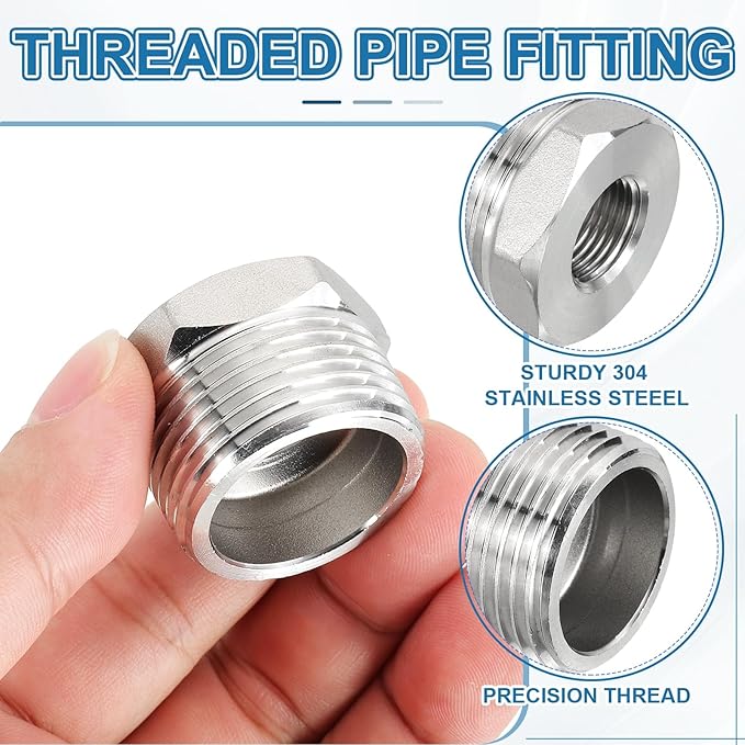 PATIKIL 304 Stainless Steel Reducer Hex Bushing 2 Pcs, 1" BSPT Male to 3/8" BSPT Female Pipe Reducing Adapter Fitting Connector for Water Gas Hydraulic Pipes Shower Hose, Silver