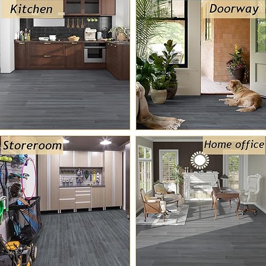 Freshtour Vinyl Flooring Roll, Versatile Removable PET Leather-Like Floor Covering, Waterproof & Durable, Easy Tape Installation, Cost-Effective for Any Room, Dark Grey Oak/ 107 Sq.ft (39.3" x 393.7")