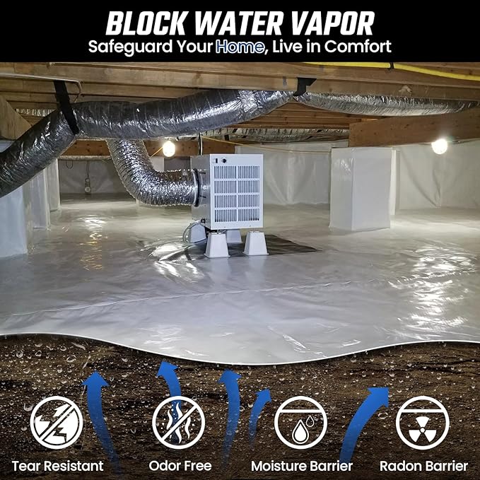 Crawl Space Vapor Barrier - 15 Mil Vapor Barrier - (10' x 100'), Tear Resistant, Heavy Duty Vapor Barrier Plastic, Drop Cloth Moisture Barrier Plastic Sheeting Covering for Crawlspace Encapsulation